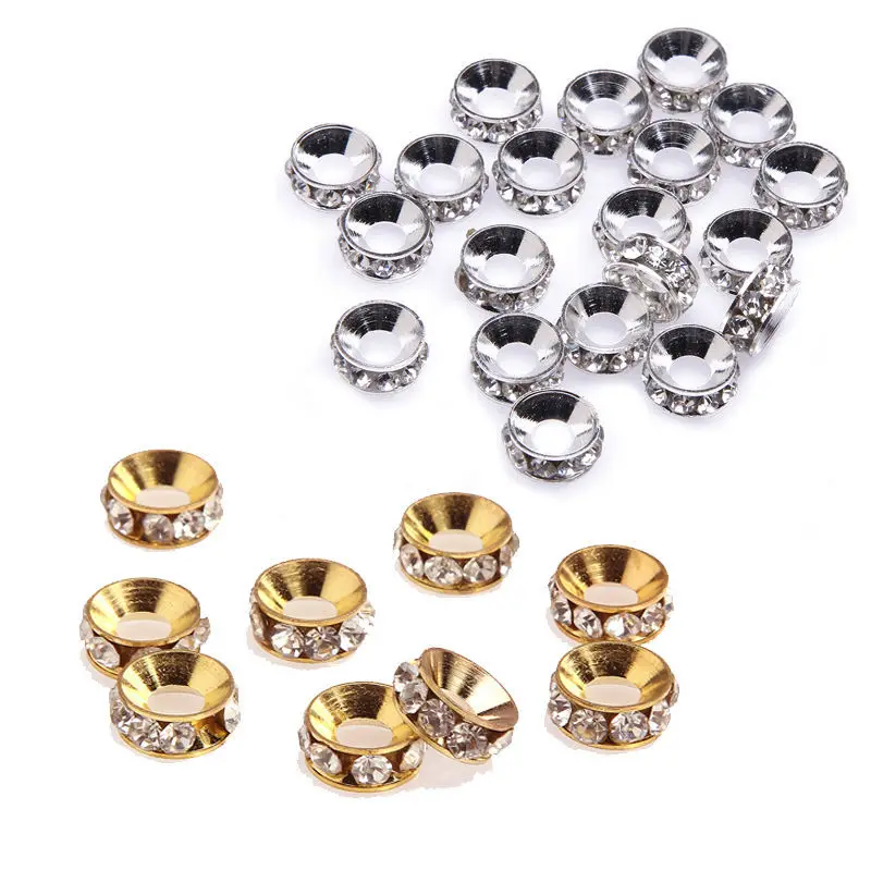 

20pcs Metal Rondelle Rhinestone Crystal Spacer Beads 10mm Big Hole European Charms Fit DIY Bracelet Jewelry