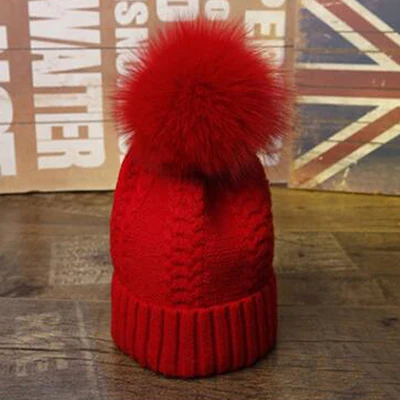 Children Red Модные новые помпоны из лисьего меха и норки, 15 см, Skullies Beanies, шапки для женщин и детей, зимние однотонные шерстяные теплые шапки Skullies Beanies - Цвет: Children Red