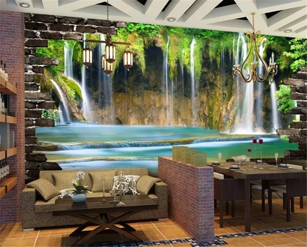 Online Wholesale Wallpaper Flowing Waters Waterfall 3D Landscape Mural Digital Printing HD Wall paper | Обустройство дома