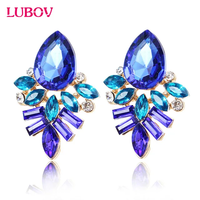 LUBOV Handmade Rhinestone sweet stud crystal earrings Women Fashion Jewelry Style Blue/Black/Pink Earrings for women girl | Украшения и