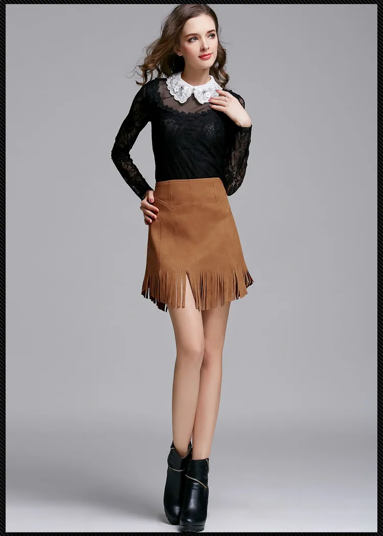 Нерегулярные кисточкой однотонные замшевые юбка Высокая талия тонкие линии юбки