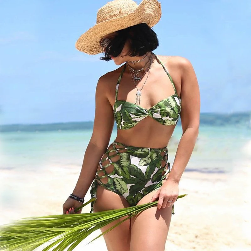 

AONIHUA 2018 High Waist bandaged Bikini set Women Beach Resort green Swimwear Summer Push Up Halter Swimsuit Bathing Suit 2145