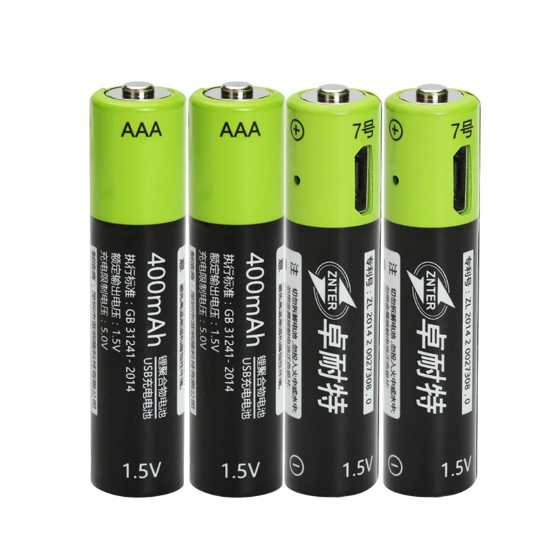 LEORY 4 шт. Znter AAA 1,5 в 400 мАч USB Lipo аккумуляторная батарея Ультра-эффективные AAA литий-полимерные литий-ионные usb зарядные батареи