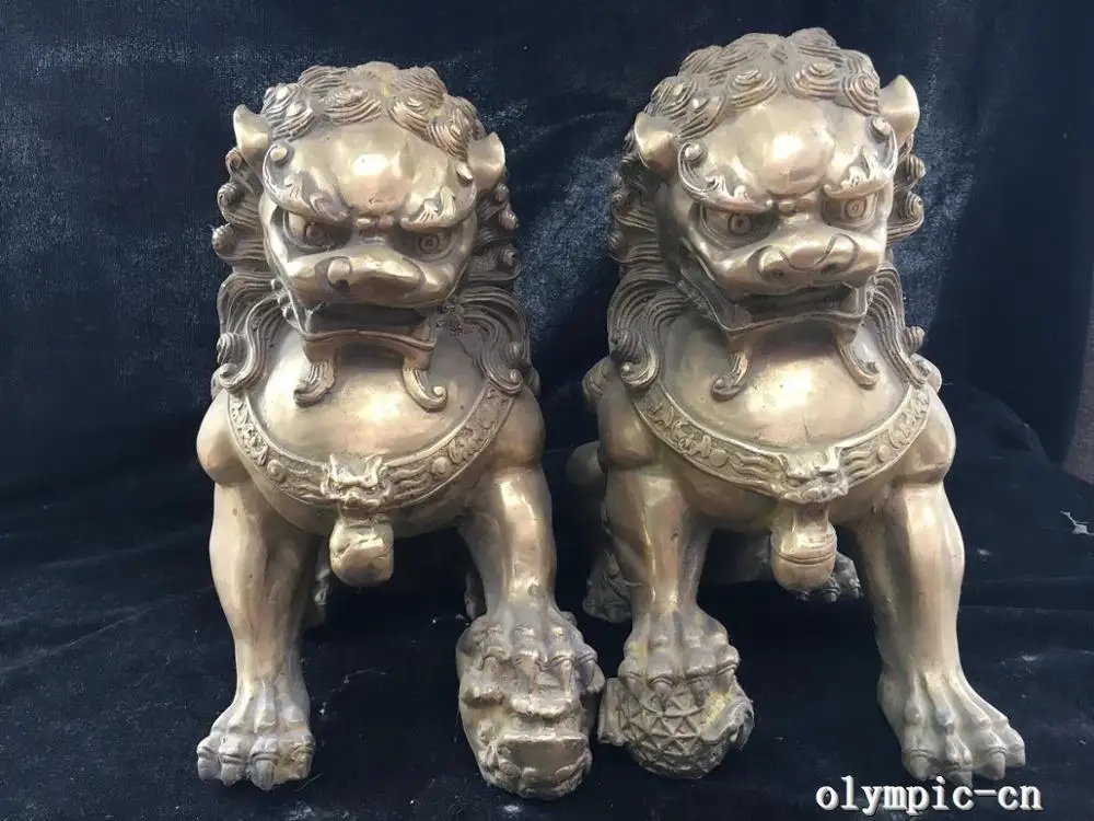 

9''copper Скульптура дома фэншуй благоприятный зверь пара лев собака фу статуя собаки