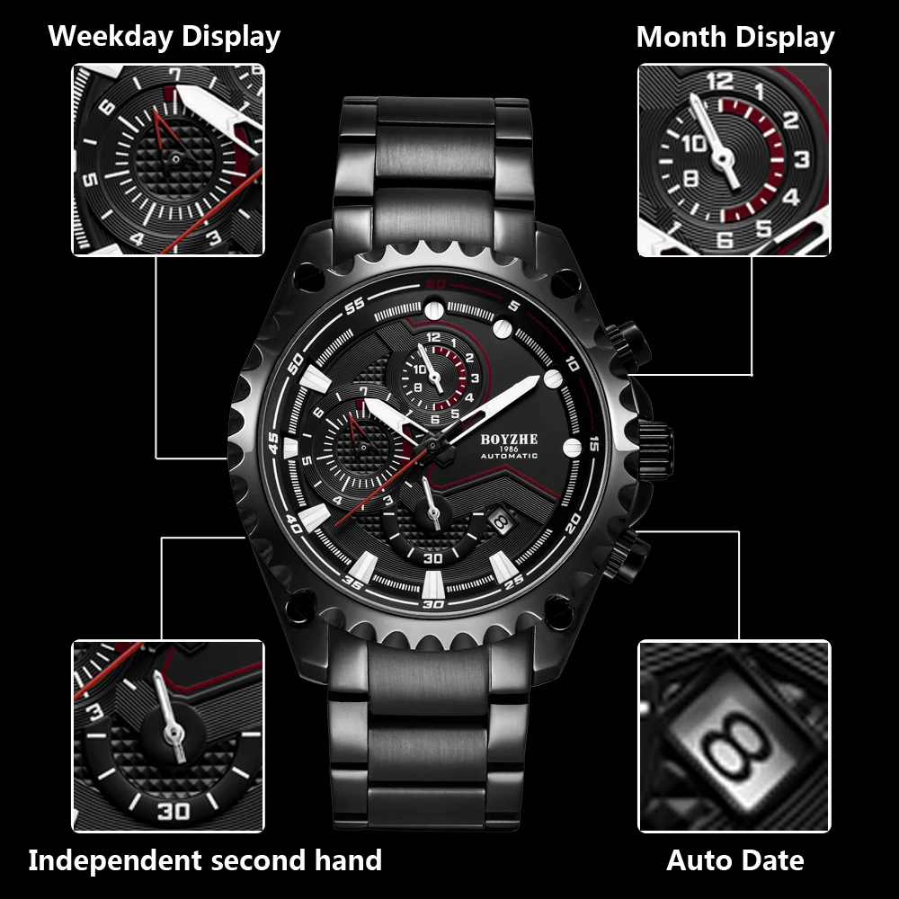 BOYZHE Мужские автоматические механические часы бизнес люксовый бренд светящиеся