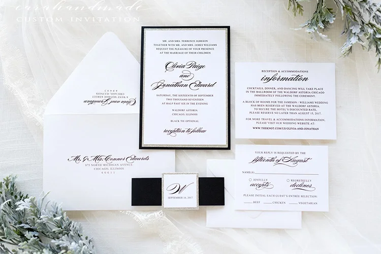 Черный белый серебристый блестящие свадебные приглашения и открытка RSVP