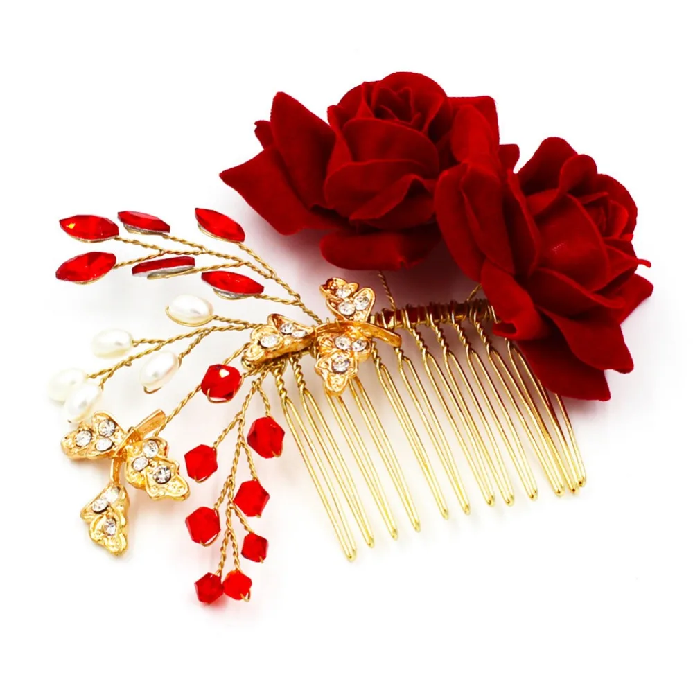 

SLBRIDAL Artificial Rose Flower Red Crystal Pearls Leaf Golden Wedding Hair Comb Bridal Hair Accessories Bridesmaids Headpiece