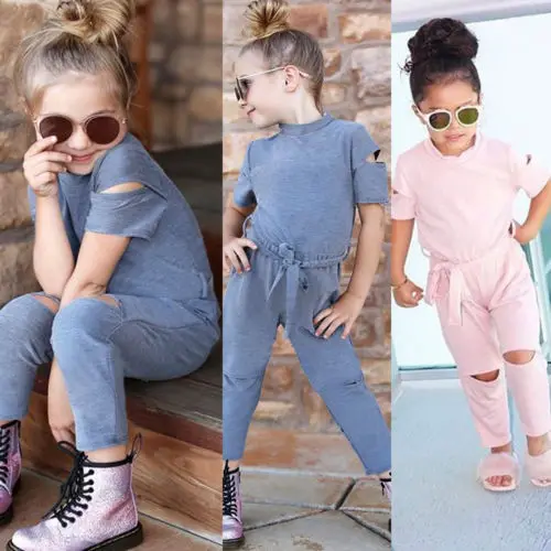 2018 Summer Toddler Kids Baby Girl Short Sleeve Hole Romper Jumpsuits Playsuit Outfits Ripped Pants Fashion Clothes 1T-6T | Детская