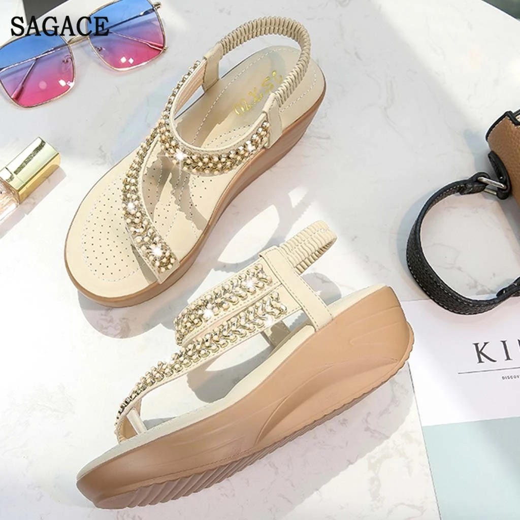 SAGACE/богемные женские босоножки на танкетке со стразами Пляжные вьетнамки