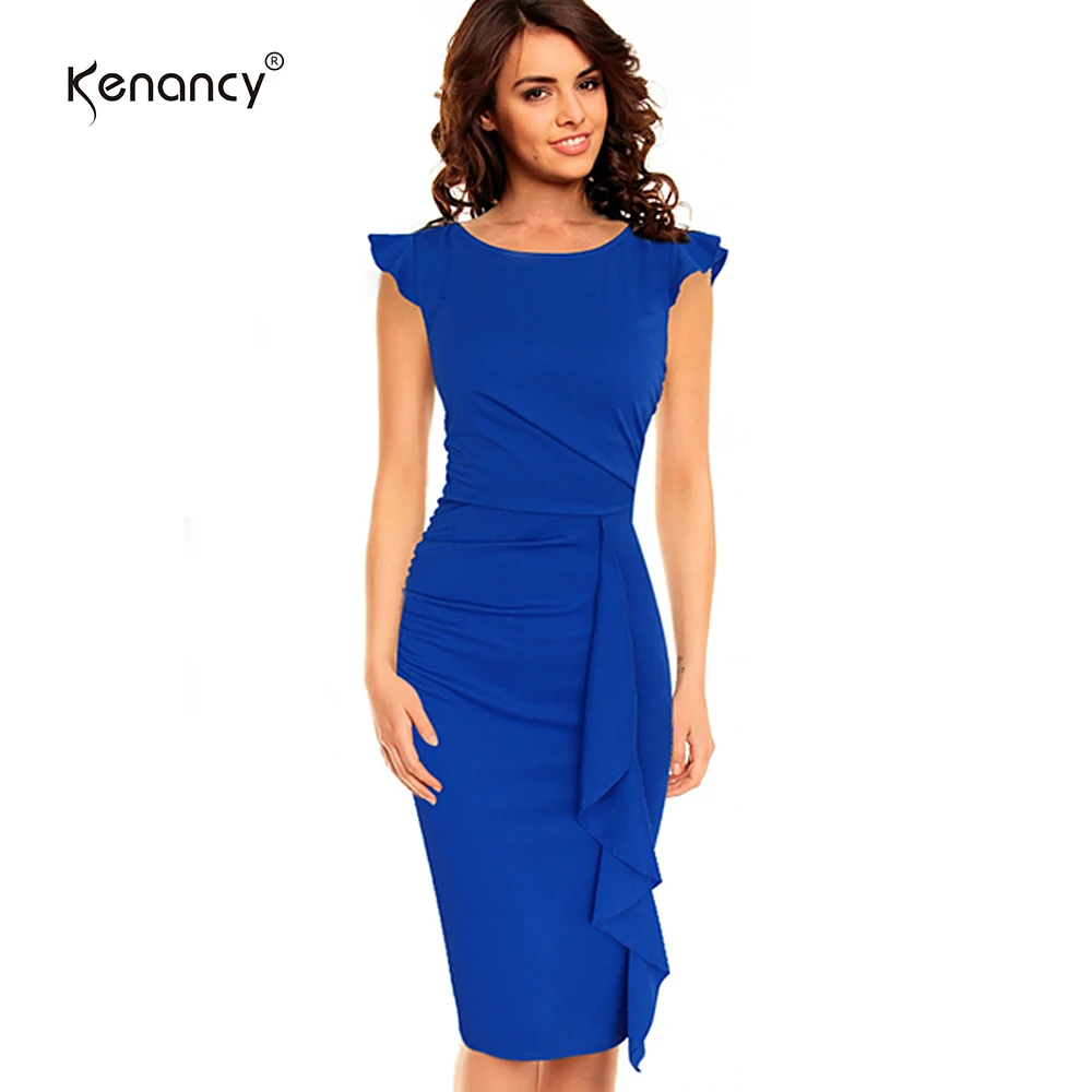 Женское платье карандаш Kenancy однотонное облегающее футляр до колена с оборками и