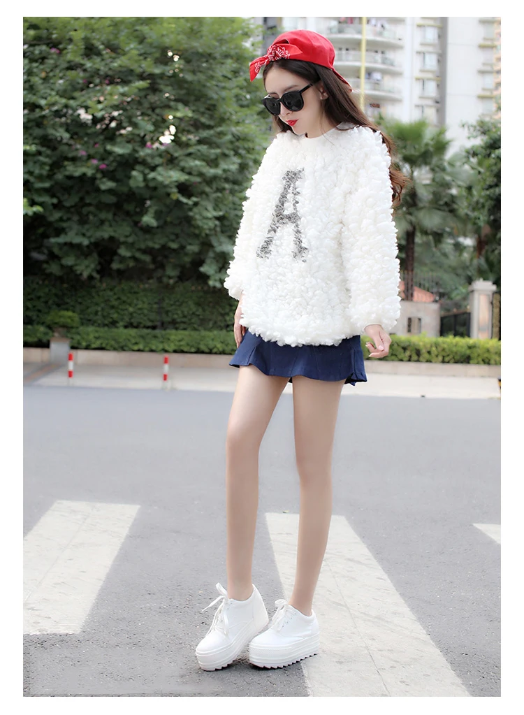 Осень / зима 2014 новый корейский волосатые мило шерсти ягнят шерсть водолазка