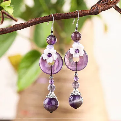 

Elegant Retro Transparent Purple Stone Shell Flower Happiness & Peace Drop Earrings Sterling Ear Hook