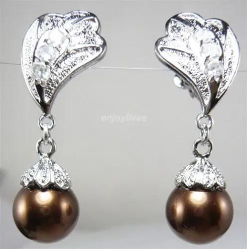 Hot sale new Style &gt&gt&gt&gtChocolate Brown South Sea Shell Pearl White Gold Plated Crystal Clip-On Earrings | Украшения и