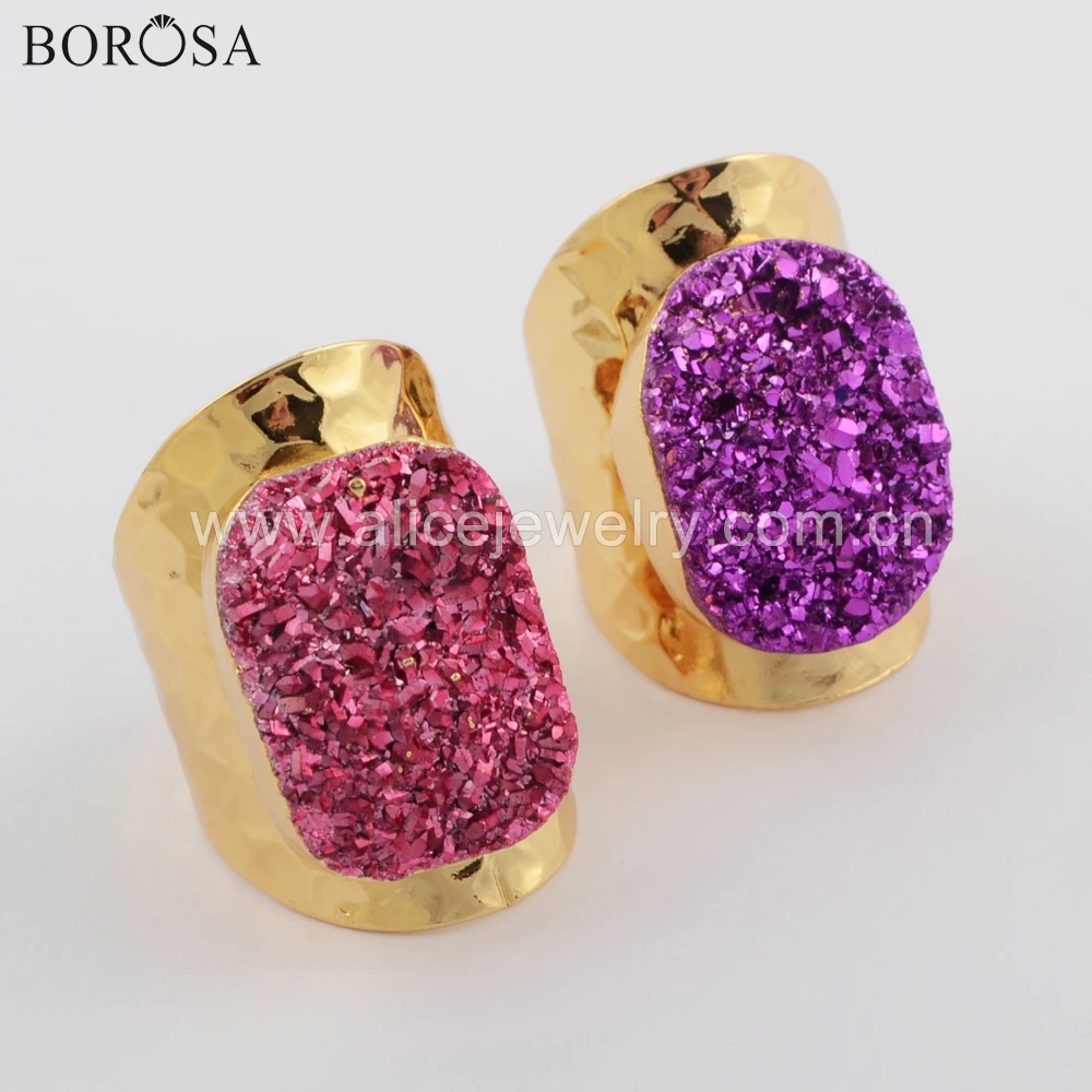 BOROSA 5 шт Позолоченные натуральные Агаты Титан Радужная Друза кольцо красочные