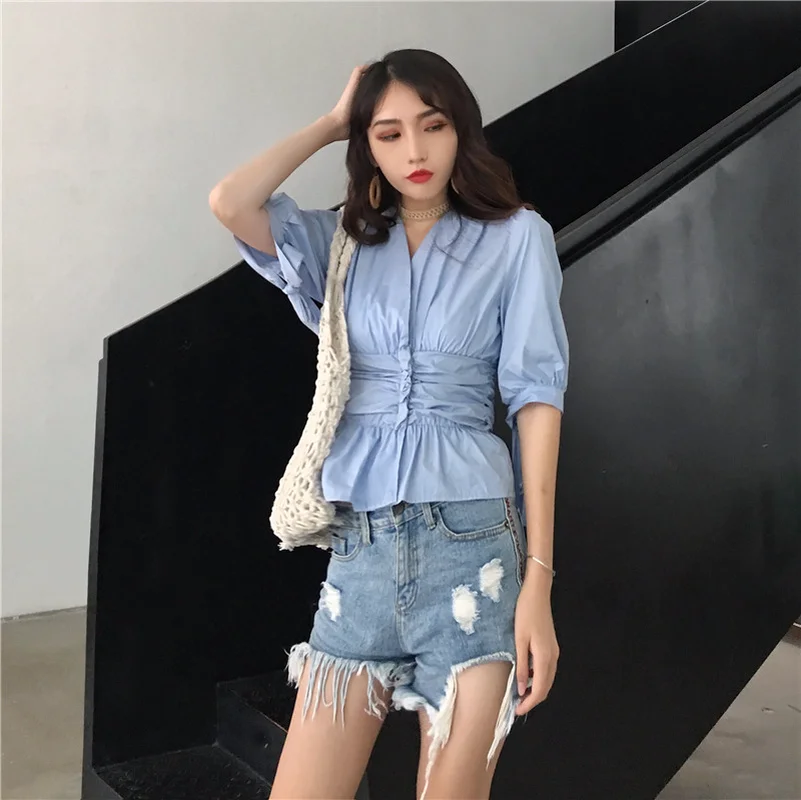 V-neck Blue Blouse Women Puff Sleeve Slim Vintage Korean Design Office Style Casual Shirt Temperament 2019 Summer Vogue |