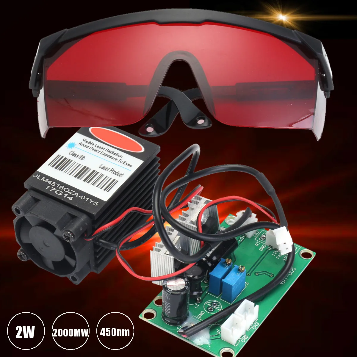 Мощный лазерный диодный модуль 2 Вт 2000 нм МВт гравер + очки нм|engraving laser module|goggles