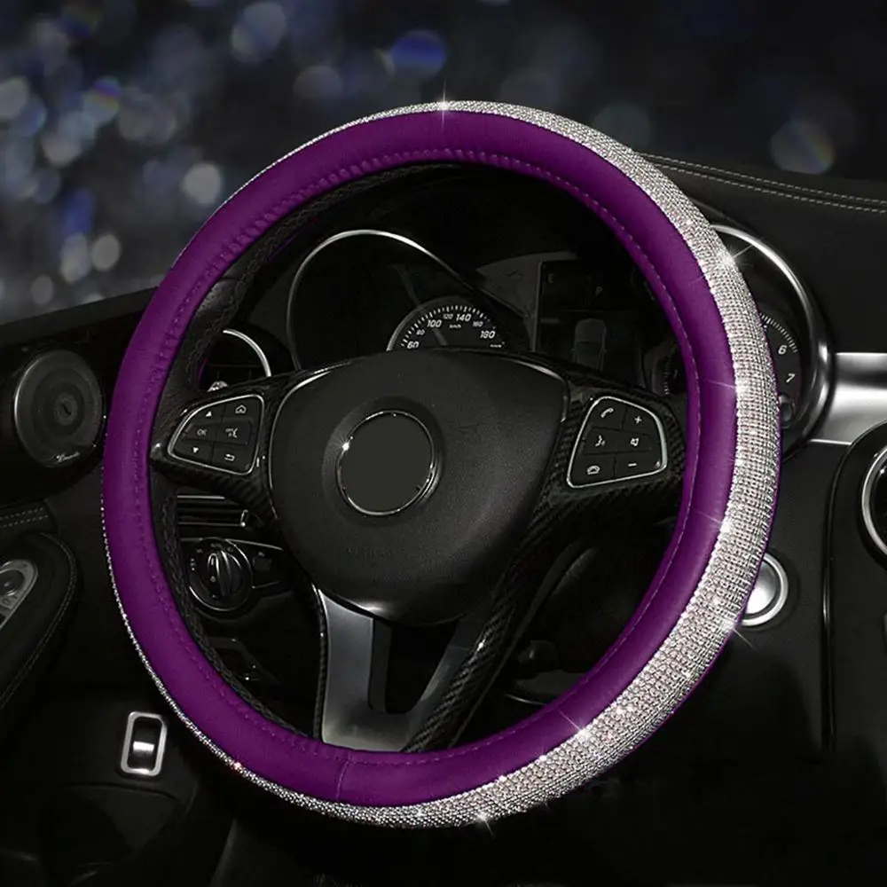 Purple Кожаный Автомобильный чехол на руль с кристаллами, стразы для женщин и девочек, аксессуары для интерьера, черный/бежевый, 15 дюймов, 38 см - Название цвета: Purple