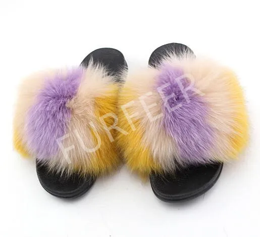 yellow purple Новые женские летние меховые сандалии с открытым носком пушистые Вьетнамки с натуральным лисьим мехом; домашние теплые плюшевые тапочки женские шлепанцы; домашняя меховая обувь - Цвет: yellow purple