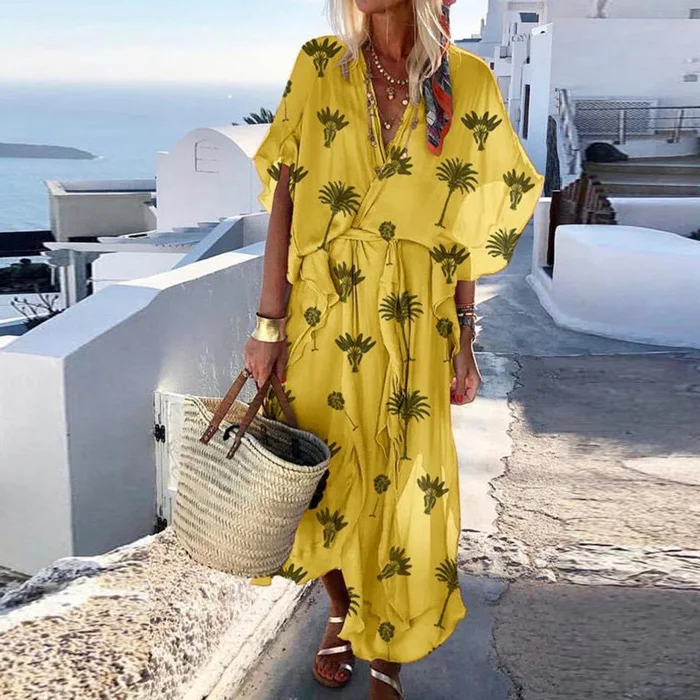 Print Yellow Lipswag богемное Женское Платье макси с коротким рукавом, летнее сексуальное пляжное платье с v-образным вырезом, Vestidos, одноцветное повседневное свободное платье для вечеринки - Цвет: Print Yellow