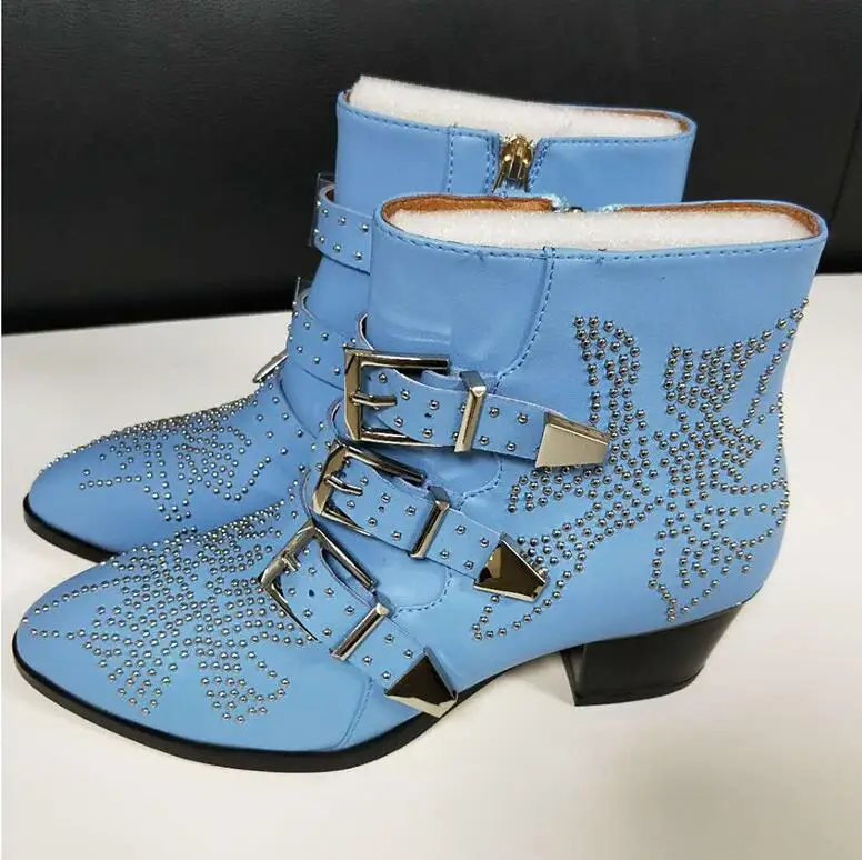 sky blue leather Г., Susanna, ботильоны с шипами женские Ботинки martin из натуральной кожи с острым носком, заклепками и цветком, черного цвета Femme zapatos mujer - Цвет: sky blue leather