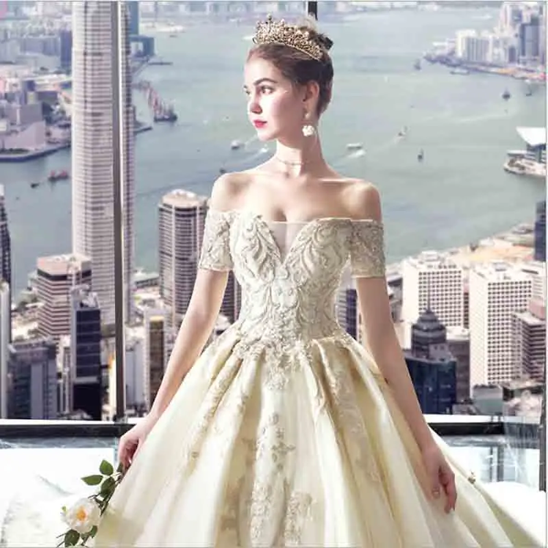 Custom Deluxe Champagne Evening Formal Dress Red Carpet Bridal Wedding Party Trailing Dress Ball Gown For Lady Plus Size 5XL