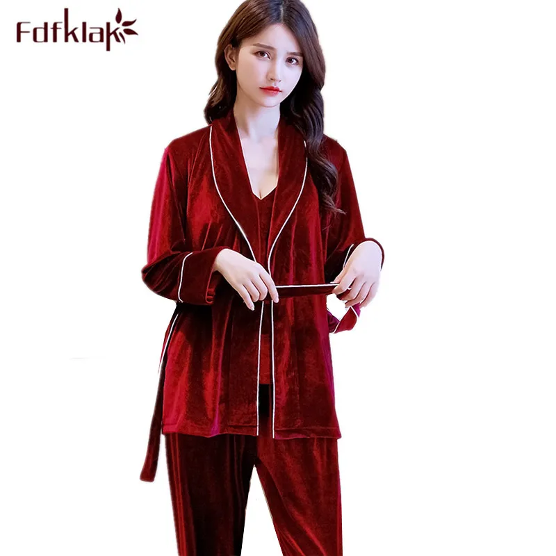 

3 pieces sleepwear set long sleeve autumn winter pajamas for women gold velvet pijamas sets warm home clothes fashion pyjama set