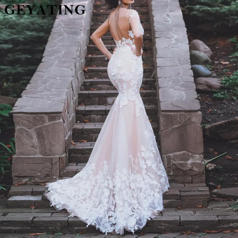 Same as picture Румяна Розовый Русалка свадебное платье Vestidos de novia с открытыми плечами винтажные Кружевные Аппликации Свадебные платья с открытой спиной Вечерние платья - Цвет: Same as picture