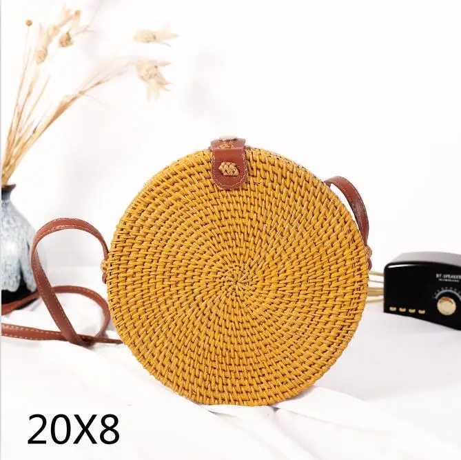 yellow20x8cm Новые черные круглые сумки из ротанга для женщин, богемная пляжная сумка-Кроссбоди, соломенная ручная работа, тканая круглая сумка на плечо, женские сумки - Цвет: yellow20x8cm