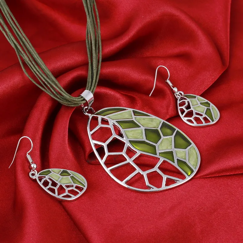Женский посеребренный Кулон чокер ювелирный набор с зеленой эмалью|jewelry sack|set
