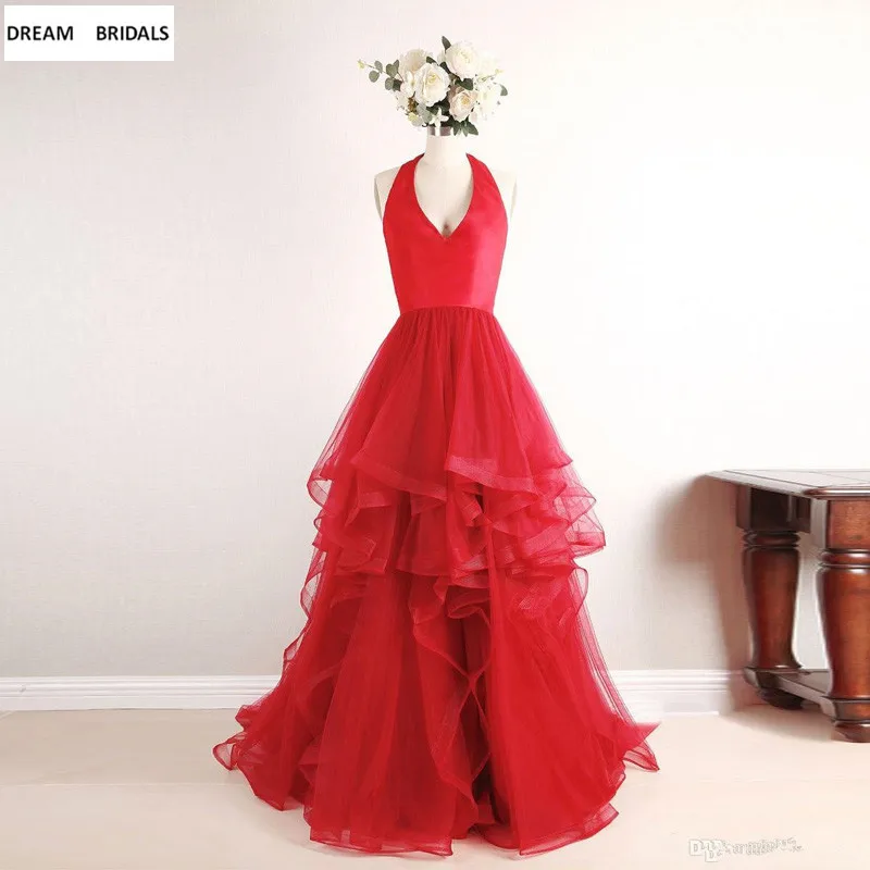 

Red Simple Tulle A-Line Robe De Soiree Sleeveless Long Evening Dresses Women Prom Gowns Abendkleider 2019