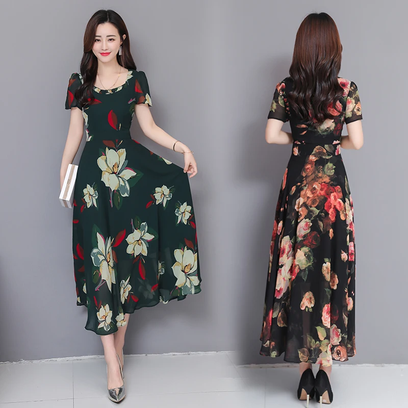 2019 Summer New Arrival High Quality S-3XL Bohemian V Collar Flower Printed Woman Long Chiffon Dress | Женская одежда