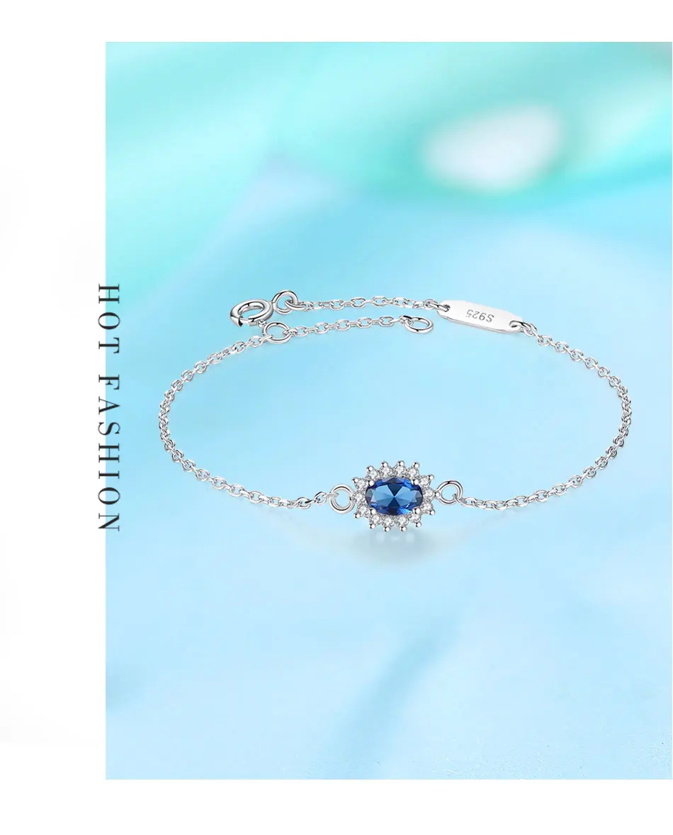 ELESHE Princess Diana William Kate Sapphire Blue Gemstone Bracelet Wedding Engagement 925 Sterling Silver Bracelet for Women