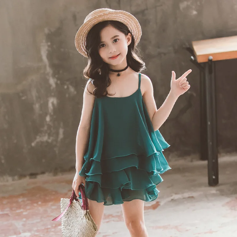 Комплекты одежды для девочек Летний шифоновый зеленый жилет на бретелях