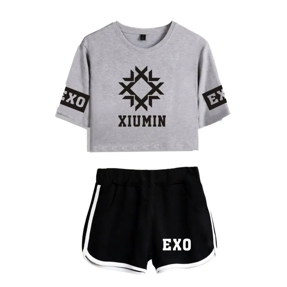 EXO 2018 Cool Casual Two Piece Set Women T shirt Kpop Fashion Print Suit Summer Sexy Cotton Crop Tops + Shorts Pants |