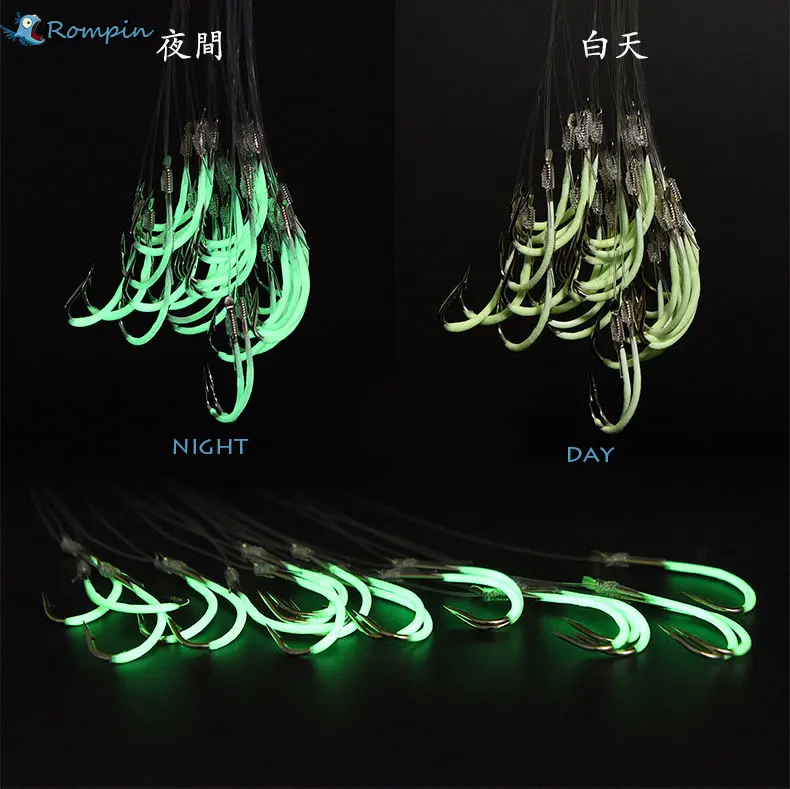 

Rompin 2017 New Luminous Fishing hooks Authentic phosphorescent barbed hook with fishing line