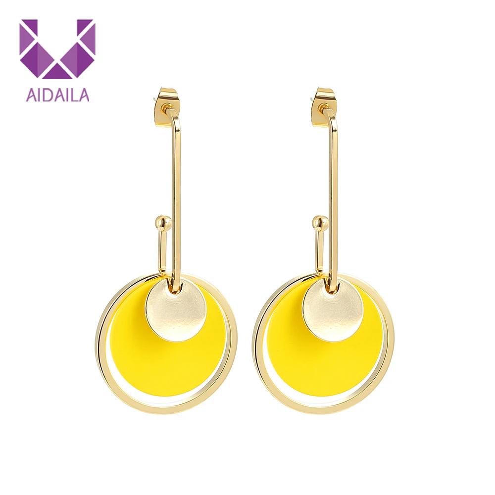 Женские длинные висячие серьги Круглый Круг зеленый желтый цвет корейский стиль