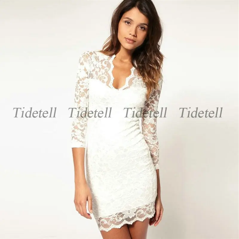 Tidetell Новый V-образным Вырезом Три Четверти Выше Колена 2017 Prom Dress кружева Холлоу
