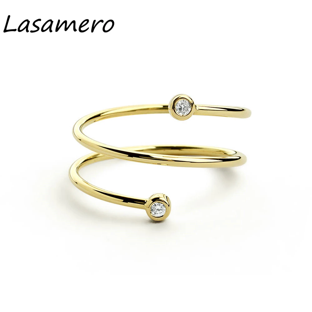 安い LASAMERO ラウンドカット 0.06CTW 天然ダイヤモンド 2 石 14 18k 金ひもデザイン渦巻スパイラル繊細なスタックリング珍味運リング 1pc