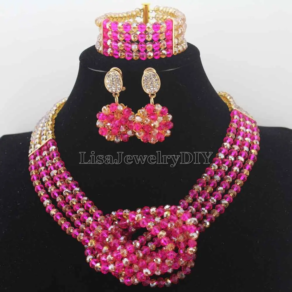 

Модные новые африканские бусины Fuschia PinkChampagne, комплекты ювелирных изделий, нигерийские Свадебные африканские хрустальные бусины, ювелирный...