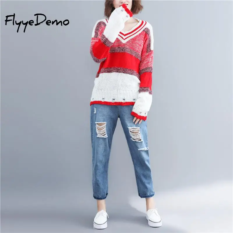 Women Fashion Hole Sweater Basic Striped V Neck Loose Long Sleeve Candy Colors Pullovers Female Sweet Tops Free Size | Женская одежда