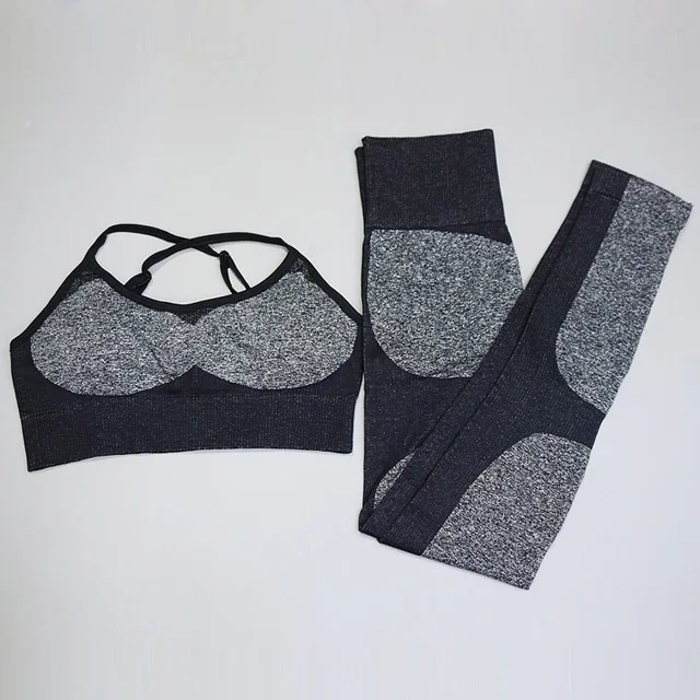 Black 2Pcs set 2 шт./компл., бесшовный комплект для йоги, женский спортивный бюстгальтер для фитнеса, топы+ с высокой талией, из лоскутов, леггинсы для тренировок, спортивные штаны, спортивный костюм - Цвет: Black 2Pcs set