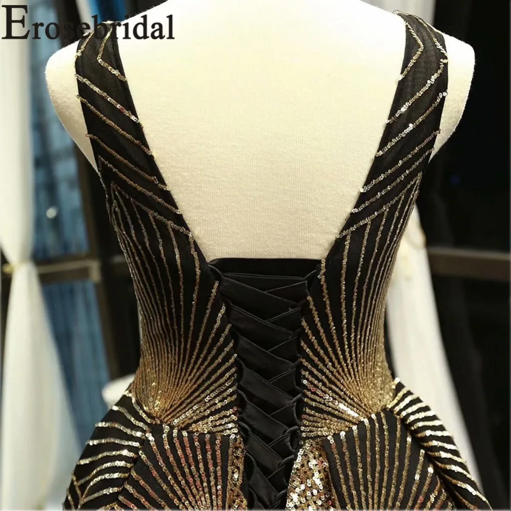 Женское вечернее платье со шлейфом Erosebridal золотистое длинное трапециевидной