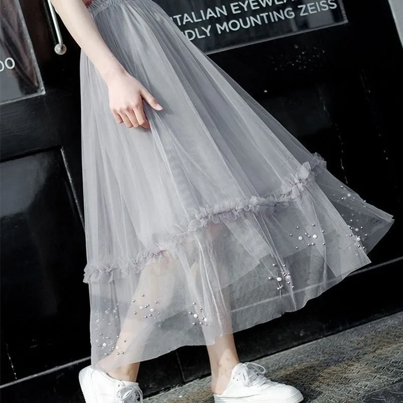 Газовые юбки 2019 последняя весна и лето бисерная трапециевидная юбка с длинным