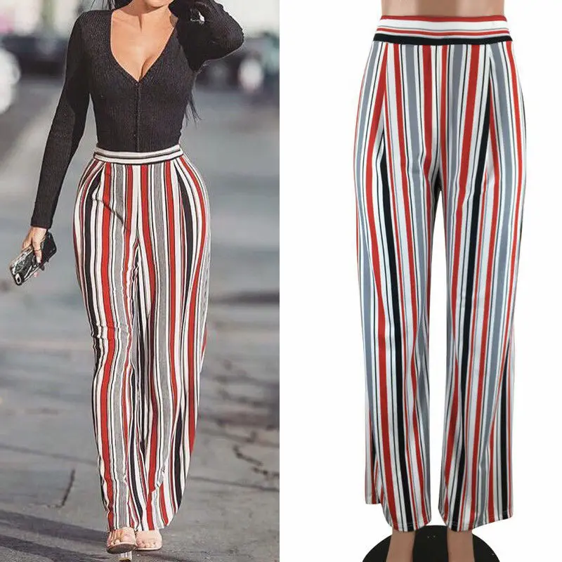 

Women Ladies Wide Leg High Waist Stripes Long Pant Casual Loose Long Pants Fashion Women Clothing New
