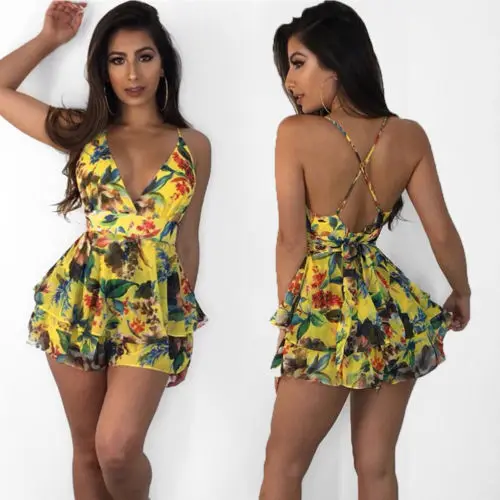 

Women Summer Beach Jumpsuit Clubwear Bodycon Playsuit Women V-neck Floral Halter Playsuits Summer Clothing