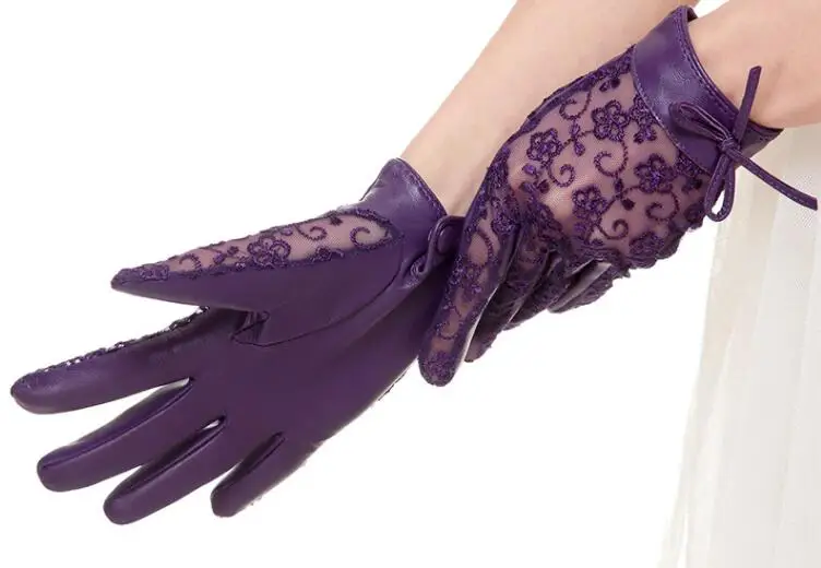 Purple Новые модные кружевные кожаные перчатки, солнцезащитные перчатки из овчины на весь палец, черные, фиолетовые, бежевые женские кружевные перчатки для вождения - Цвет: Purple