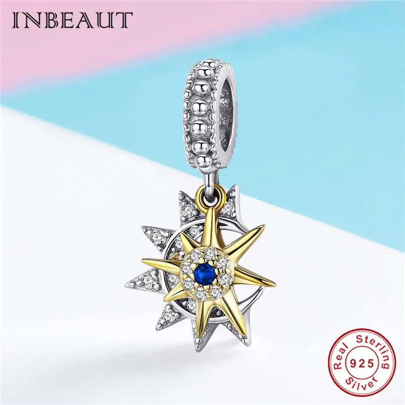 INBEAUT 100% 925 пробы серебряный романтичный со звездой Синий Циркон бусины золотой