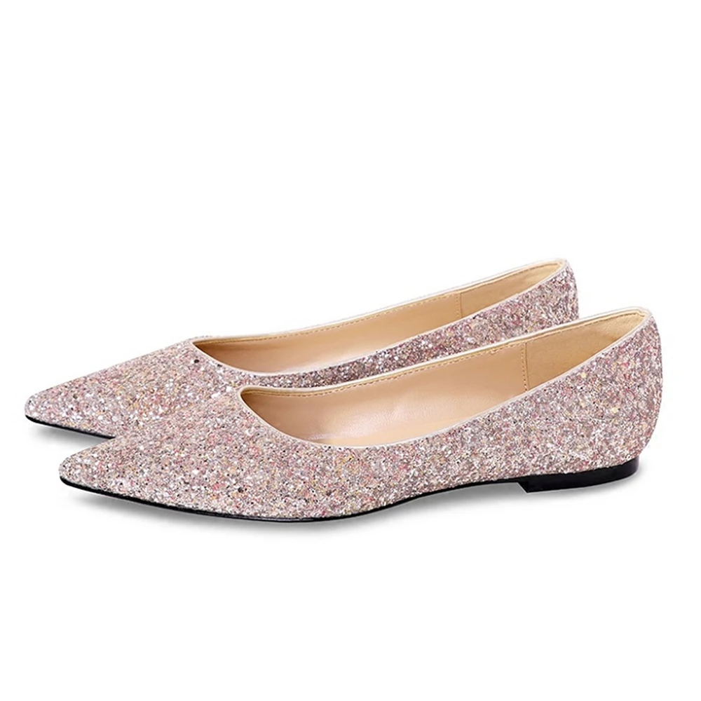 

New wedding sequins flat Women's shoes female pointed single flat and shallow gold pink brides bridesmaids and banquet shoes.