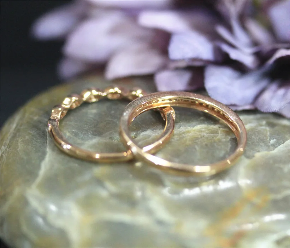 DUPUY 2pcs 14K Rose Gold Wedding Ring Set Art Deco Half Eternity Diamonds Band Milgrain Bezel Match Bridal | Украшения и