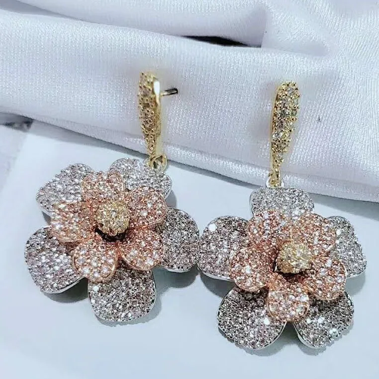 Роскошные серьги подвески в виде цветка 3 цвета серебряный цвет цирконий медь для